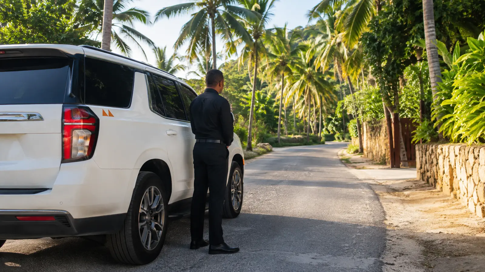 Travelers boarding a black chauffeured van at a lit resort arrival portico in Las Terrenas at dusk