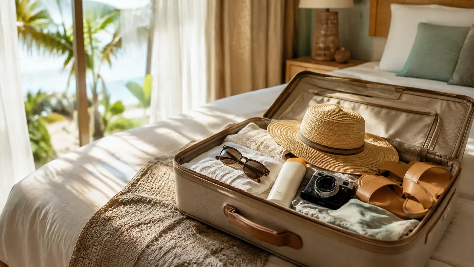 An open suitcase on a bed with a straw hat, sunglasses and sandals packed, palms beyond the window