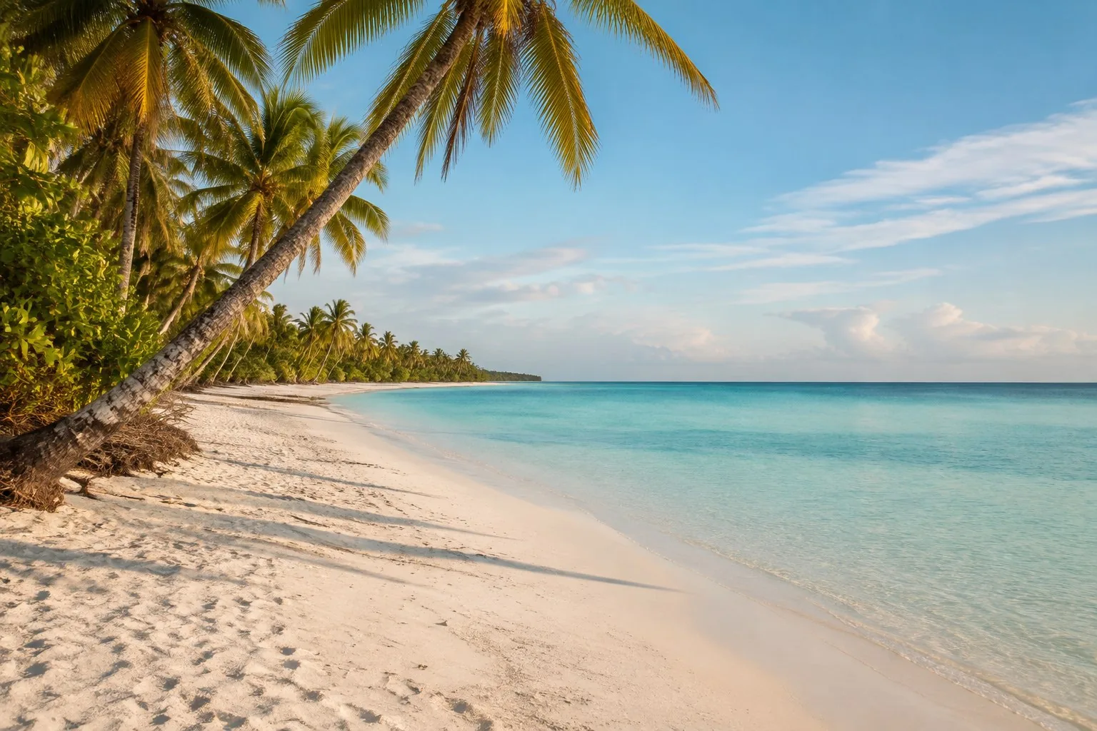 White-sand Bávaro beach with leaning coconut palms and turquoise water