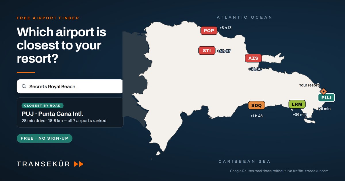 Airport finder map of the Dominican Republic ranking all seven airports by drive time from a resort
