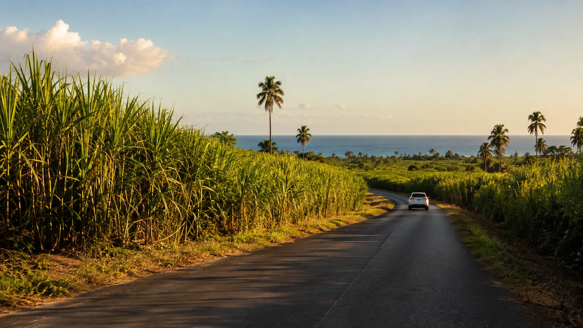A car on a two-lane road through sugar cane fields toward the sea outside La Romana