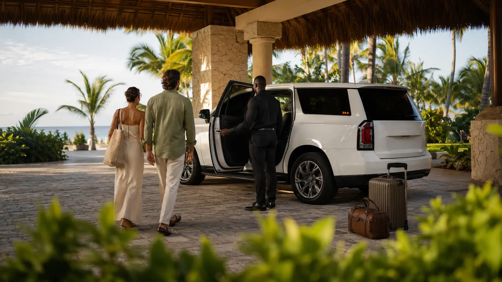 Travelers boarding a black chauffeured van at a lit resort arrival portico in Punta Cana at dusk
