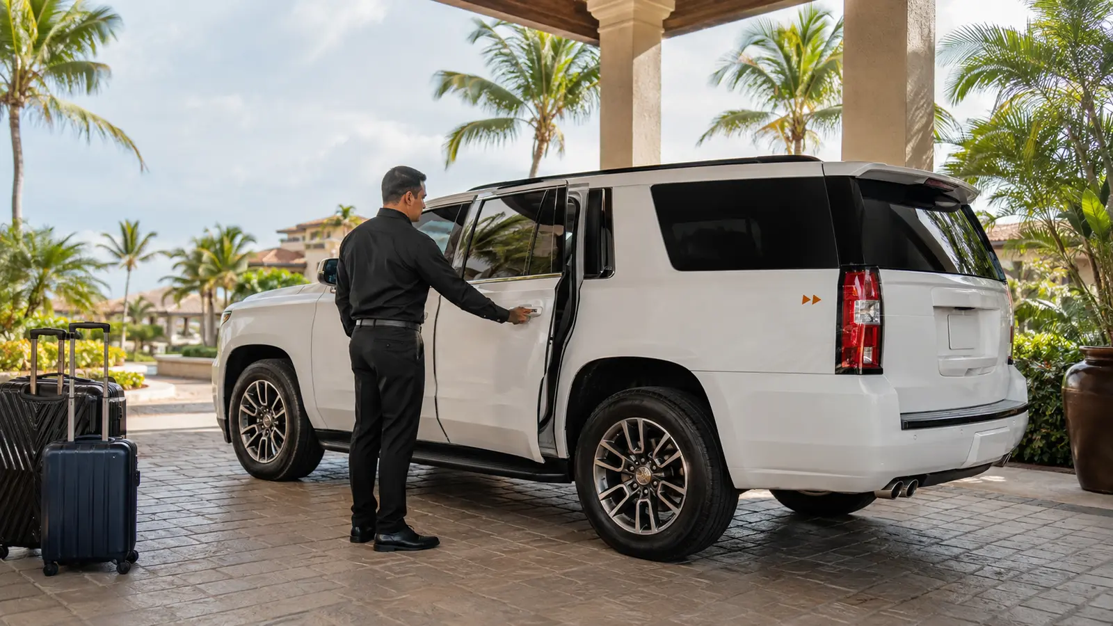 Travelers boarding a black chauffeured van at a lit resort arrival portico in La Romana at dusk