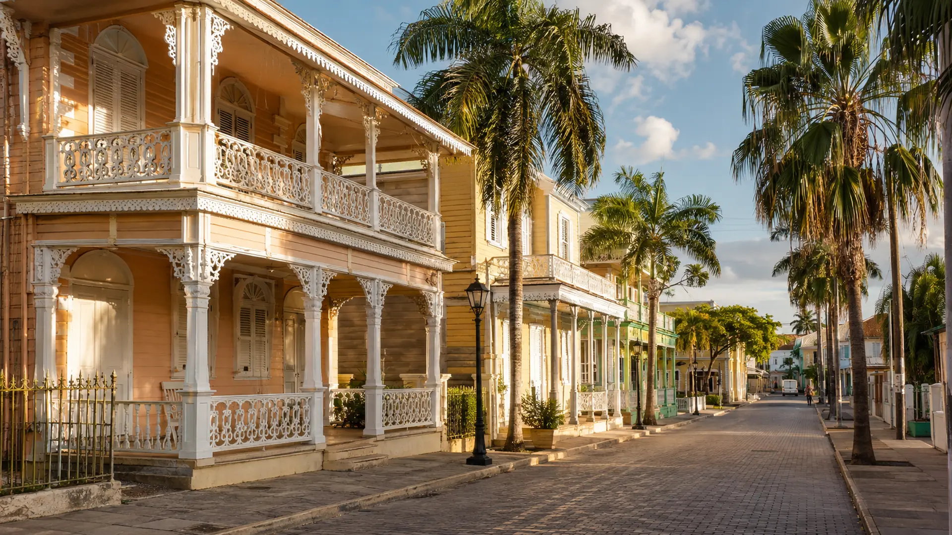 Restored Victorian wooden houses with white fretwork along a palm-lined cobbled street in Puerto Plata