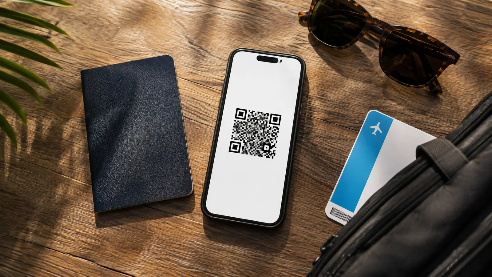 A phone showing an entry-form QR code held up at an airport check-in counter