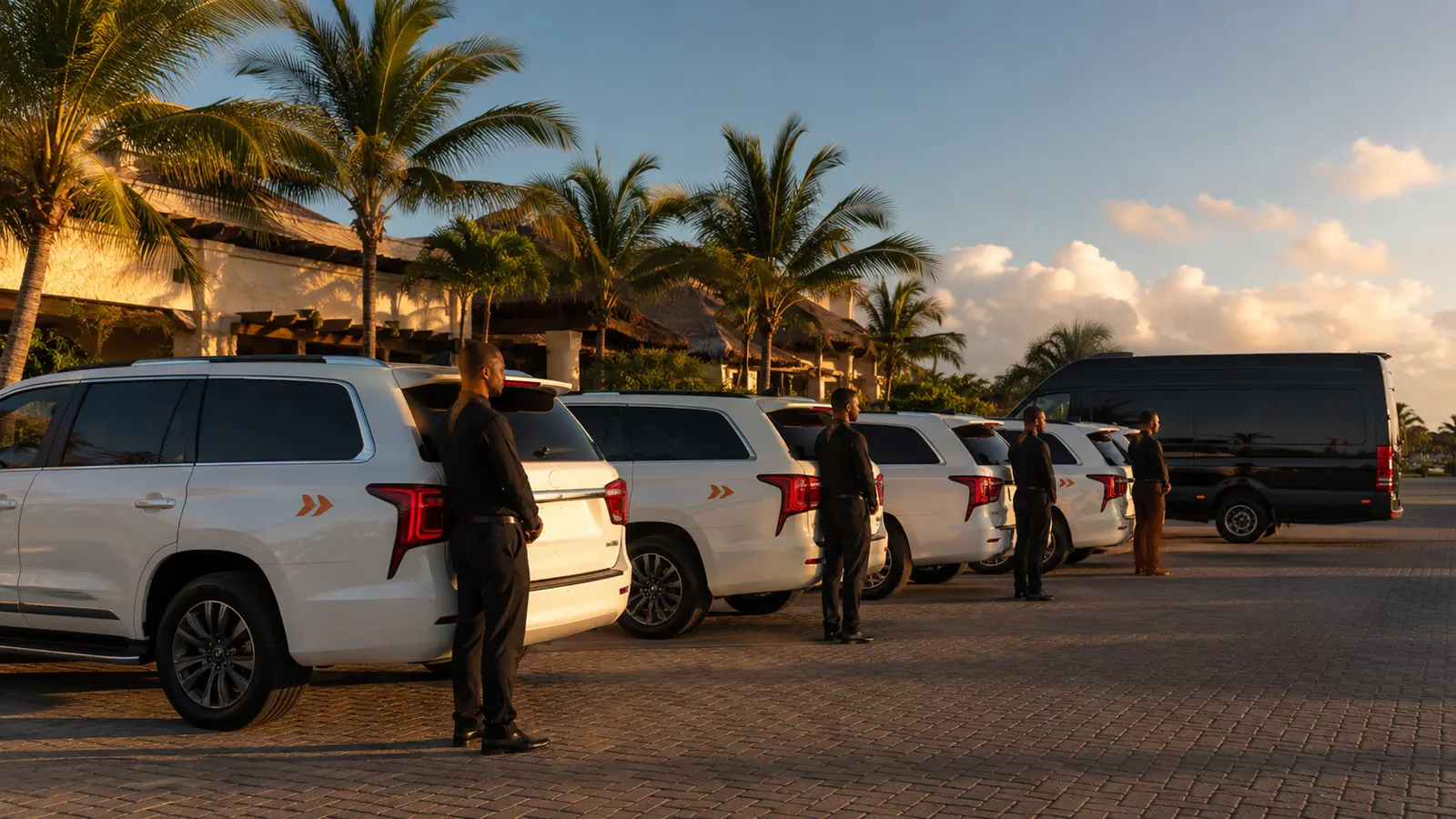 Several chauffeured vehicles of different sizes lined up outside an airport terminal in Punta Cana