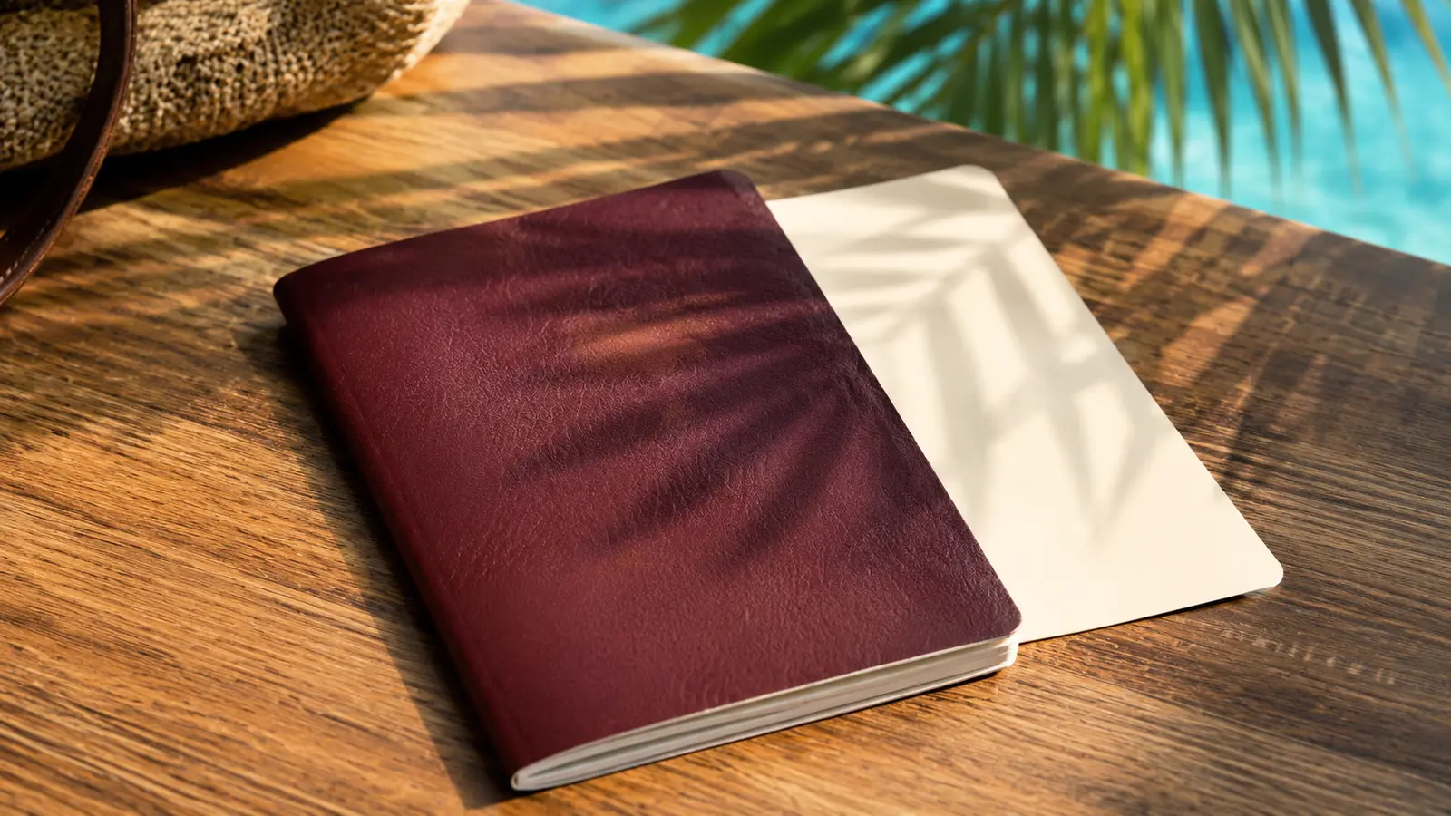 A passport open on a wooden table beside a straw bag with palm shadows and a pool behind