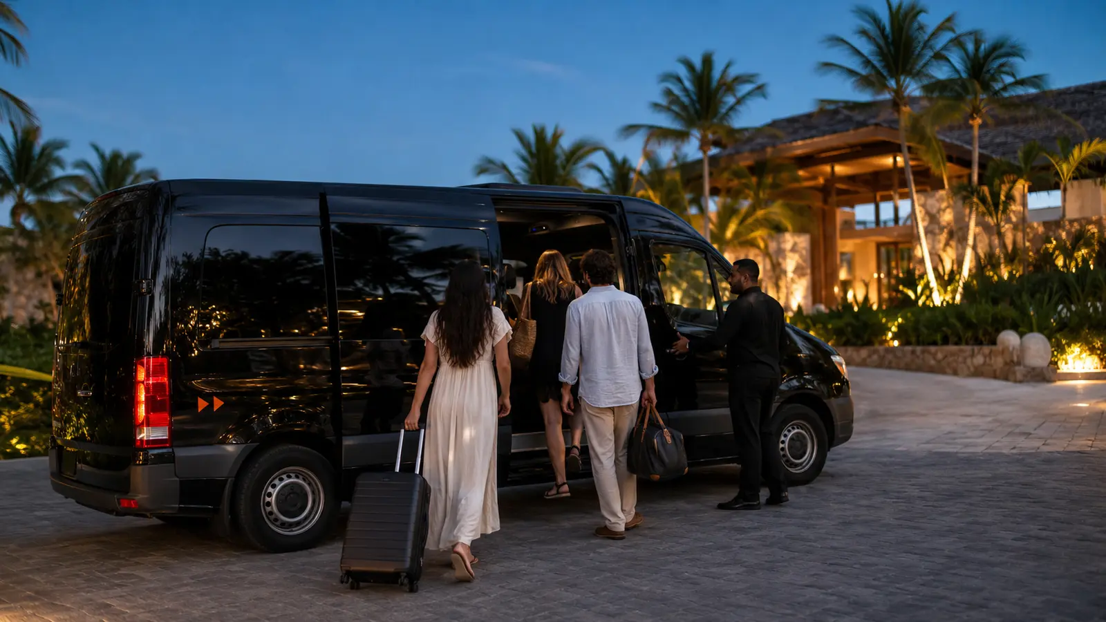 Travelers boarding a black chauffeured van at a lit resort arrival portico in Punta Cana at dusk