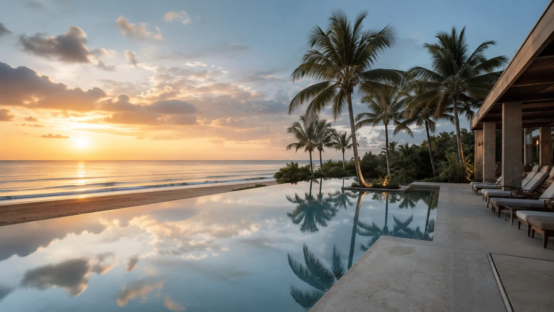 An infinity pool beside palms and loungers facing the sunrise over the beach at Uvero Alto