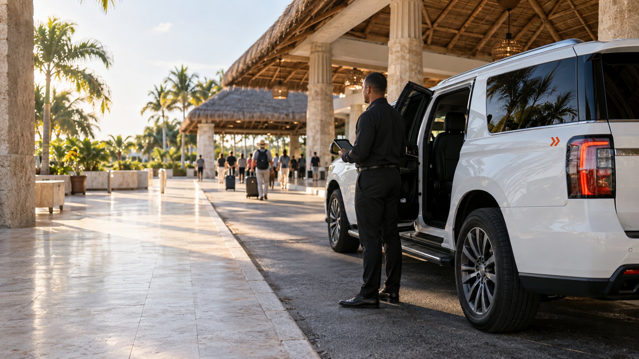 A chauffeur in black holding the open rear door of a white SUV under a thatched arrivals canopy at golden hour, travellers walking out with suitcases behind