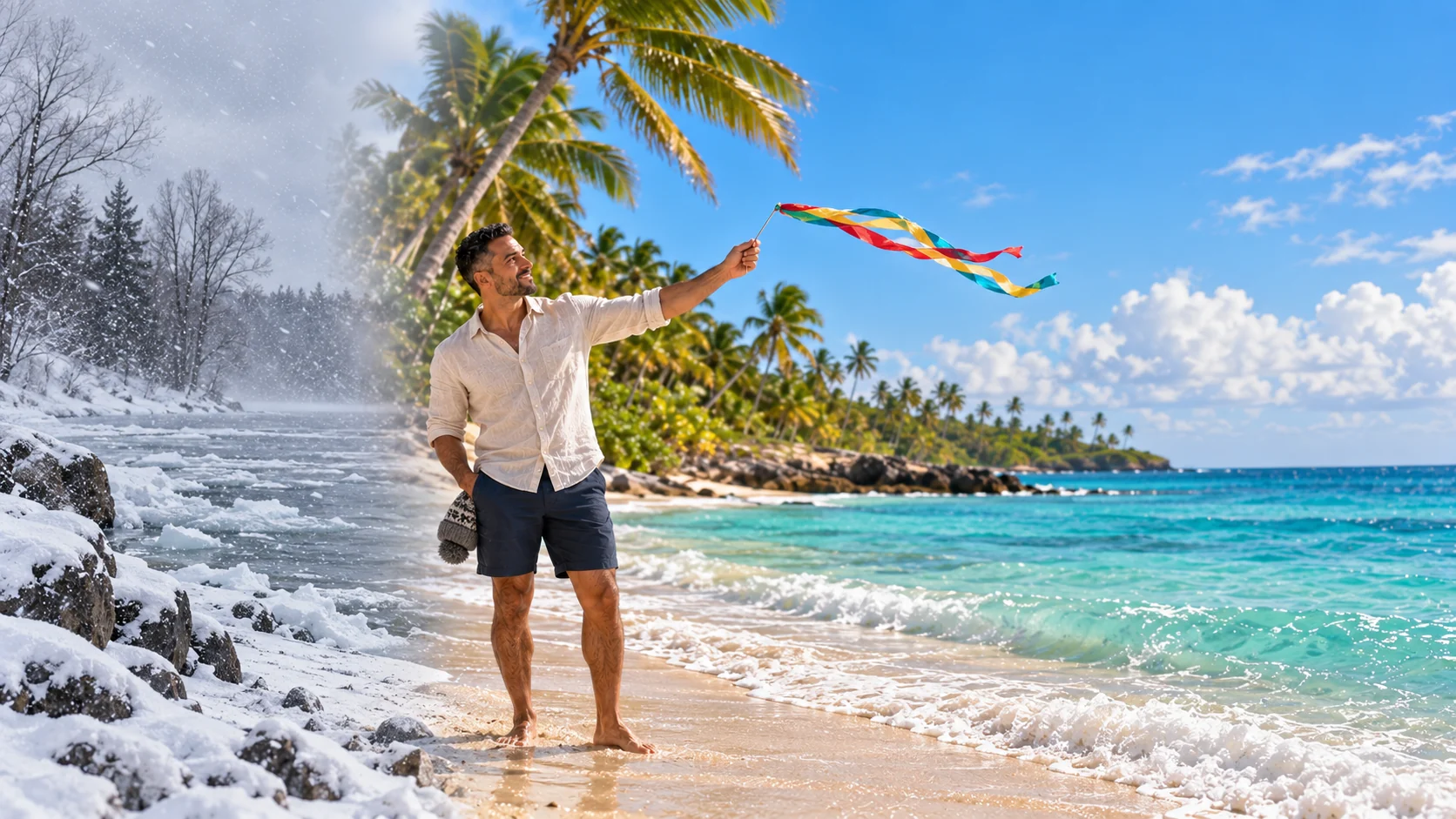 A traveler on a bright Caribbean beach holding a colourful carnival streamer in the breeze, a frozen snowy shore at the other side of the frame