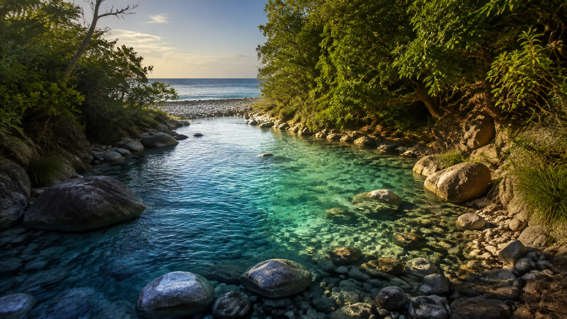 A clear river meeting the sea over smooth stones on the Barahona coast