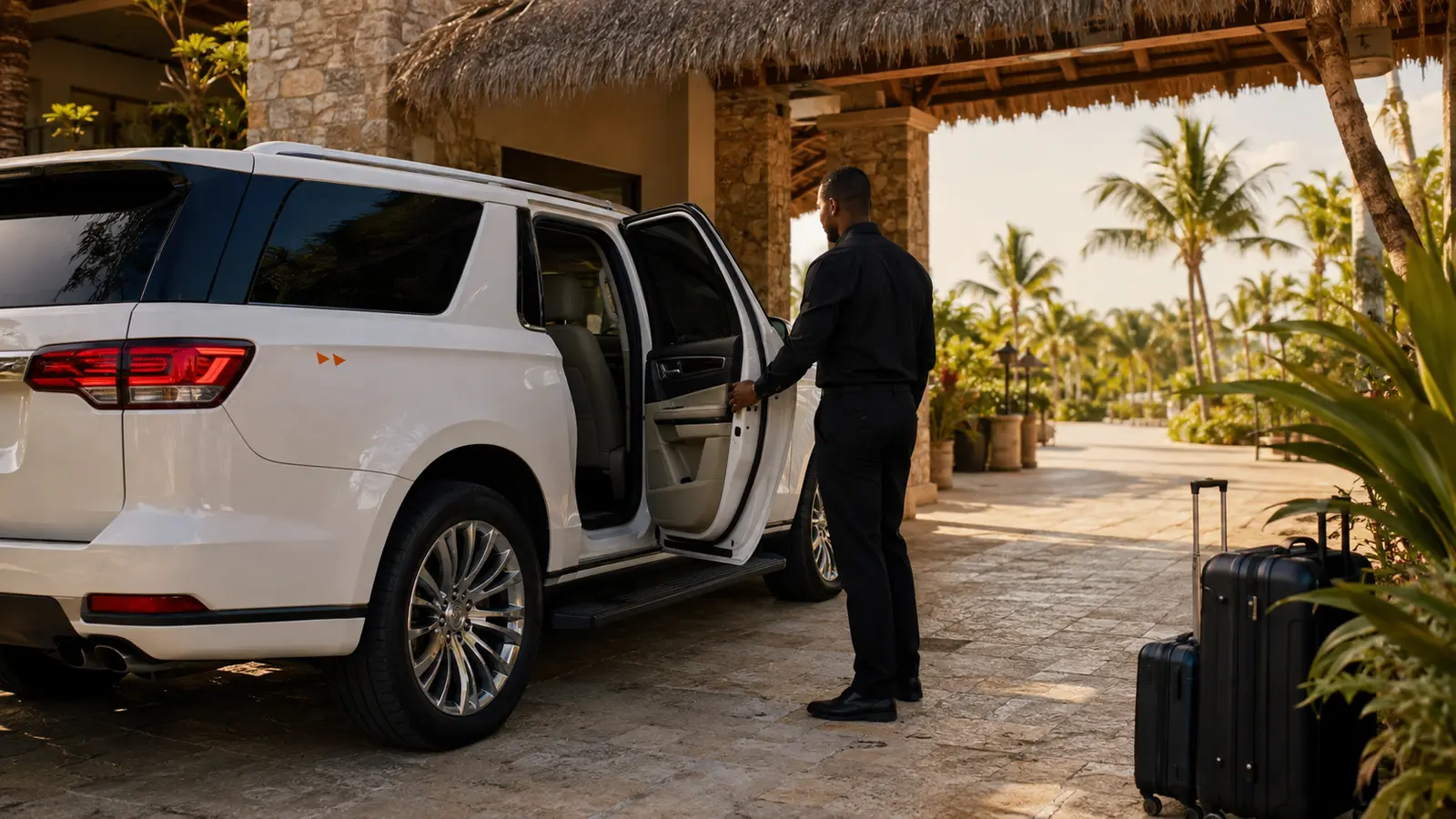 Travelers boarding a black chauffeured van at a lit resort arrival portico in Cap Cana at dusk