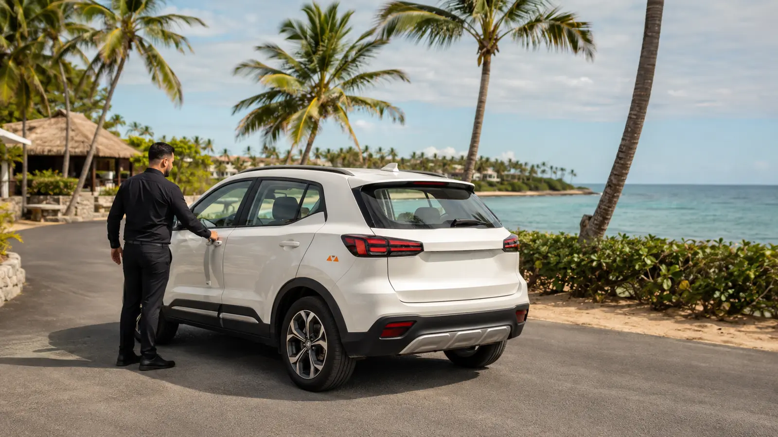 A Hyundai Tucson SUV waiting at a resort entrance in Punta Cana with the driver loading a suitcase