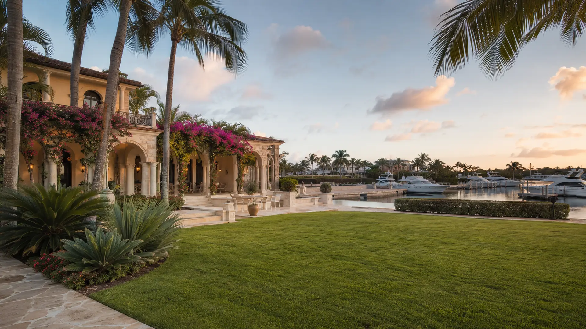 A Mediterranean-style villa beside the marina at Casa de Campo at dusk, with yachts moored across the water