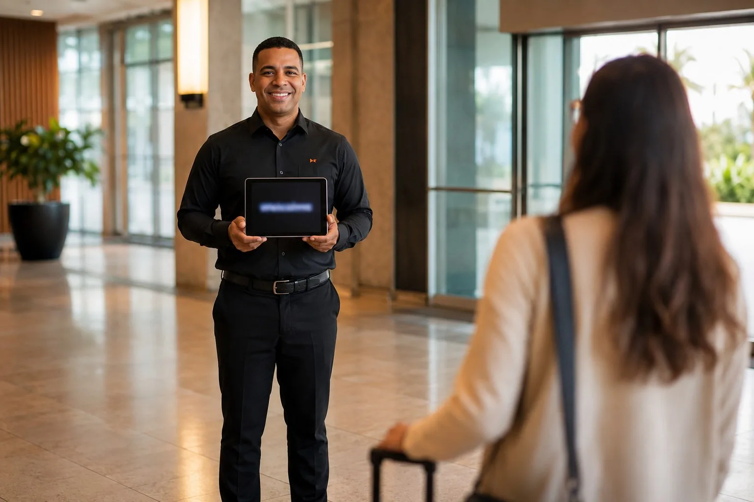Transekur chauffeur holding a welcome tablet in the airport arrivals hall