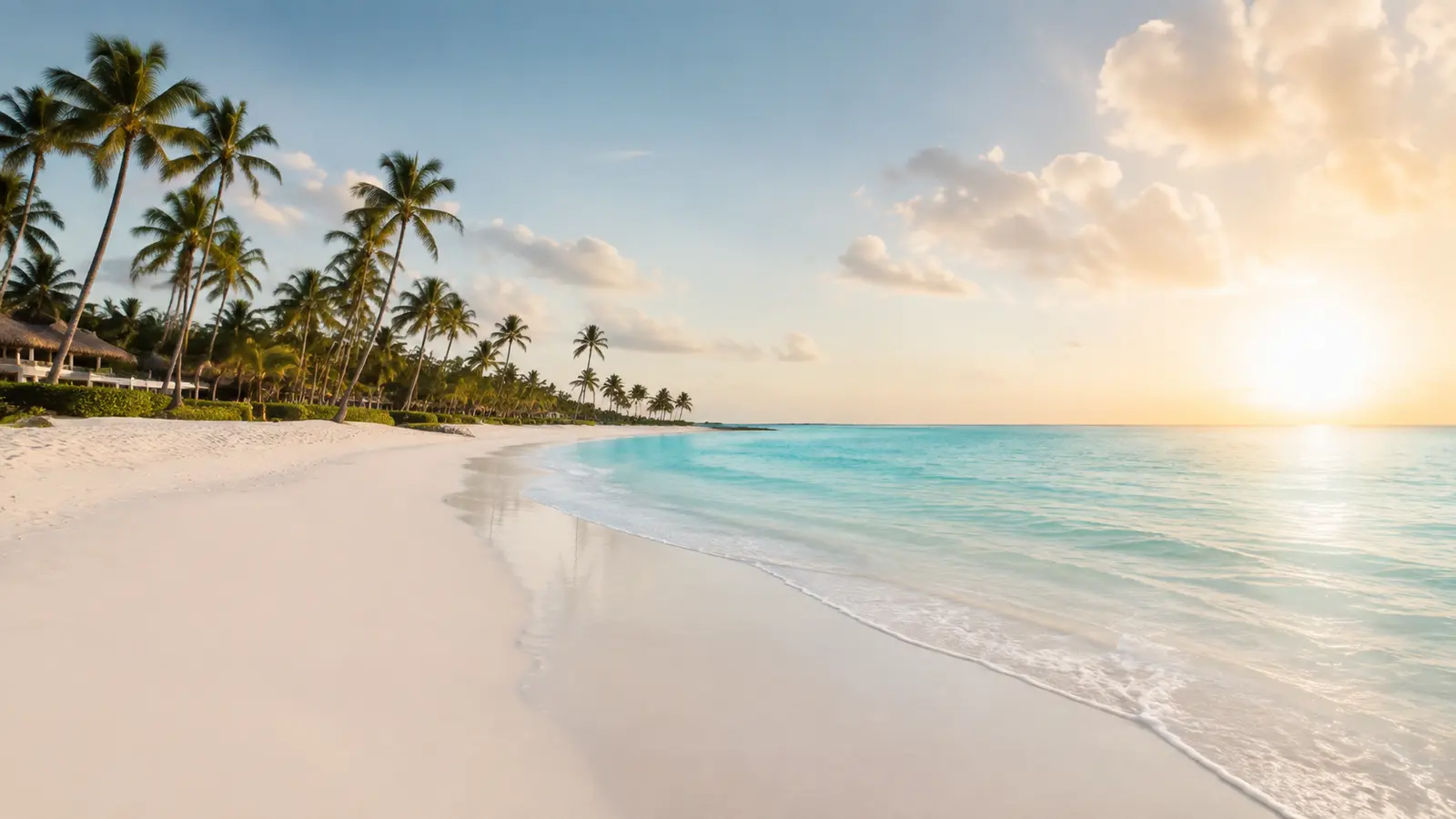A clear stretch of white sand and turquoise water on a Punta Cana beach in winter light