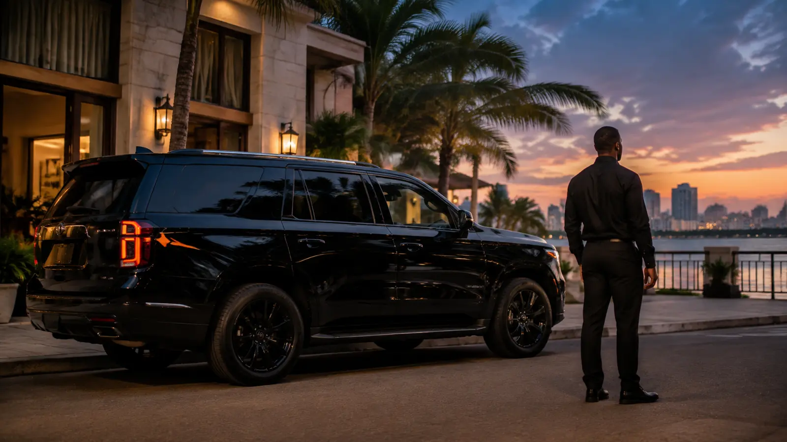 A dark armored SUV with a security chauffeur standing beside it on a city street in the Dominican Republic
