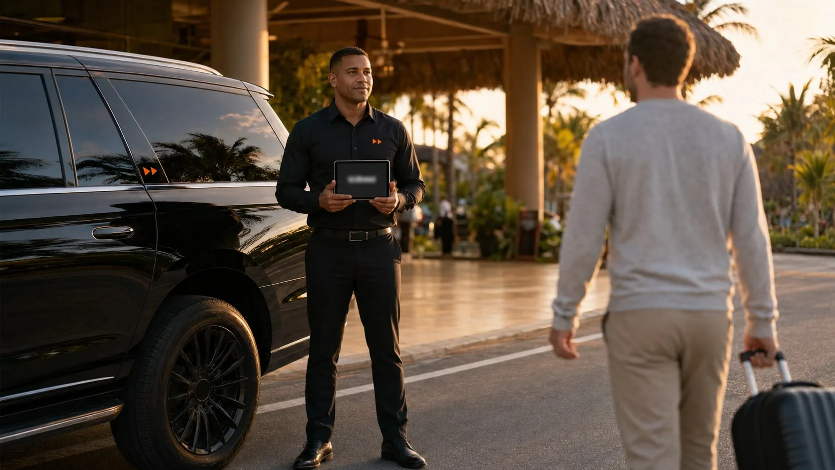 Transekur chauffeur with welcome tablet beside a black SUV at Punta Cana Airport