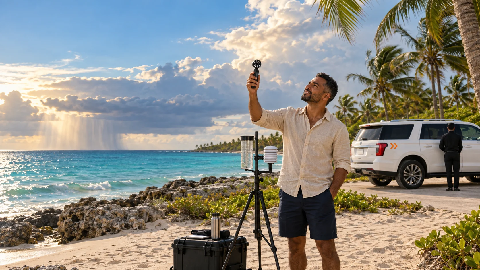 Rainfall and wind instruments set up on a Caribbean shore at sunset beside a waiting white SUV, a distant shower falling over the sea