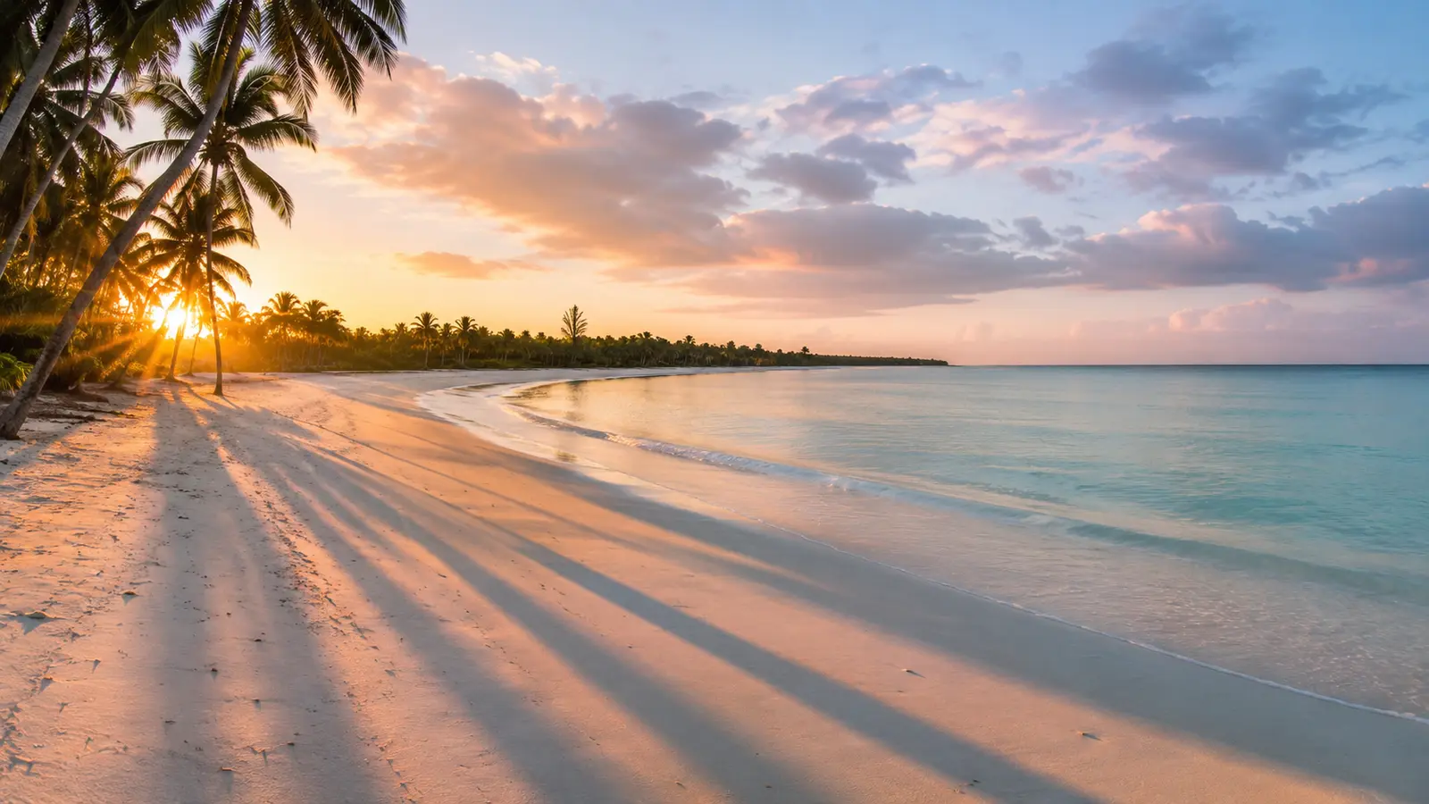 Palm shadows across pale sand as the sun sets over a calm Dominican beach
