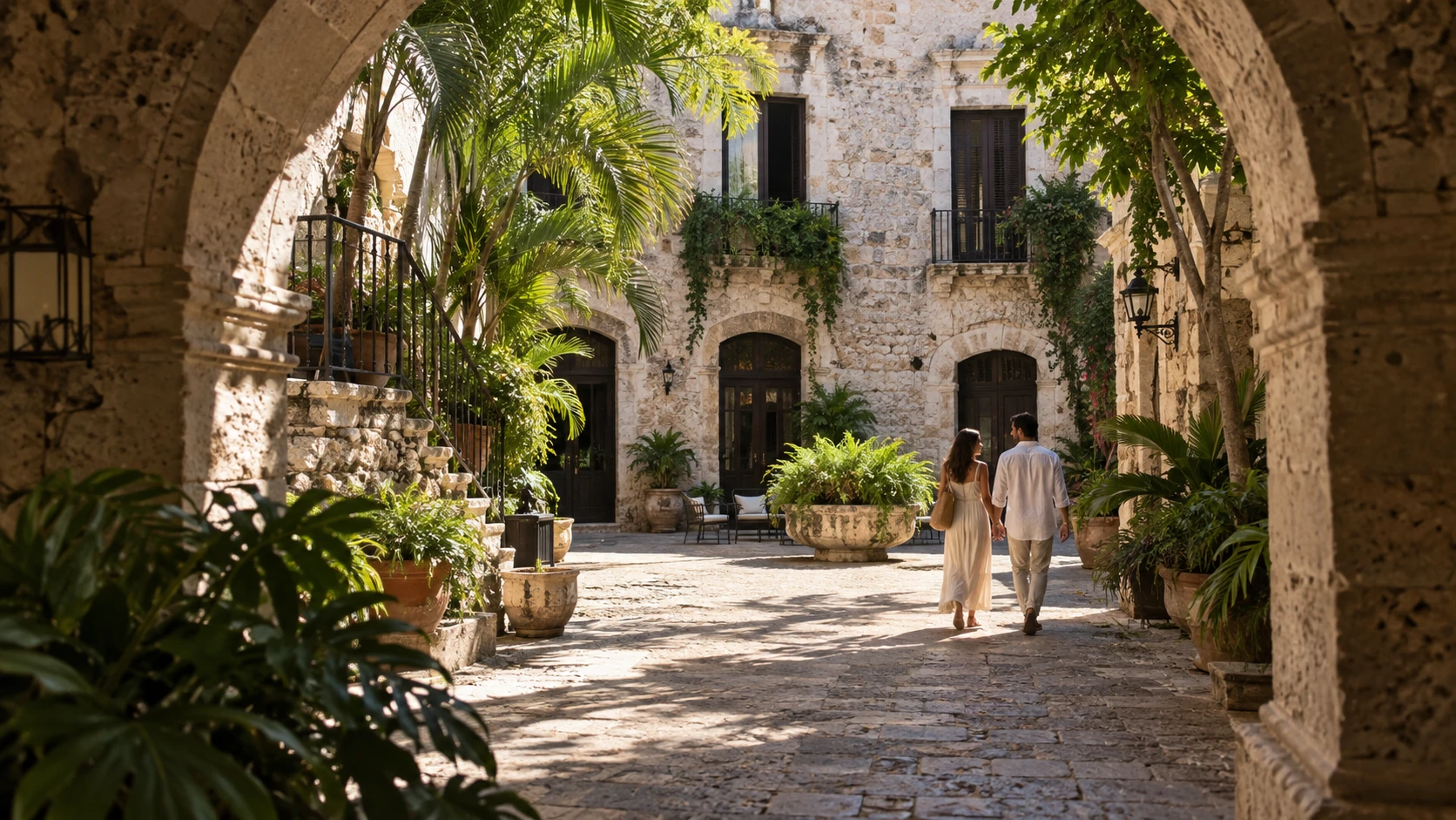 Two travellers walking through a sunlit stone courtyard framed by tropical greenery