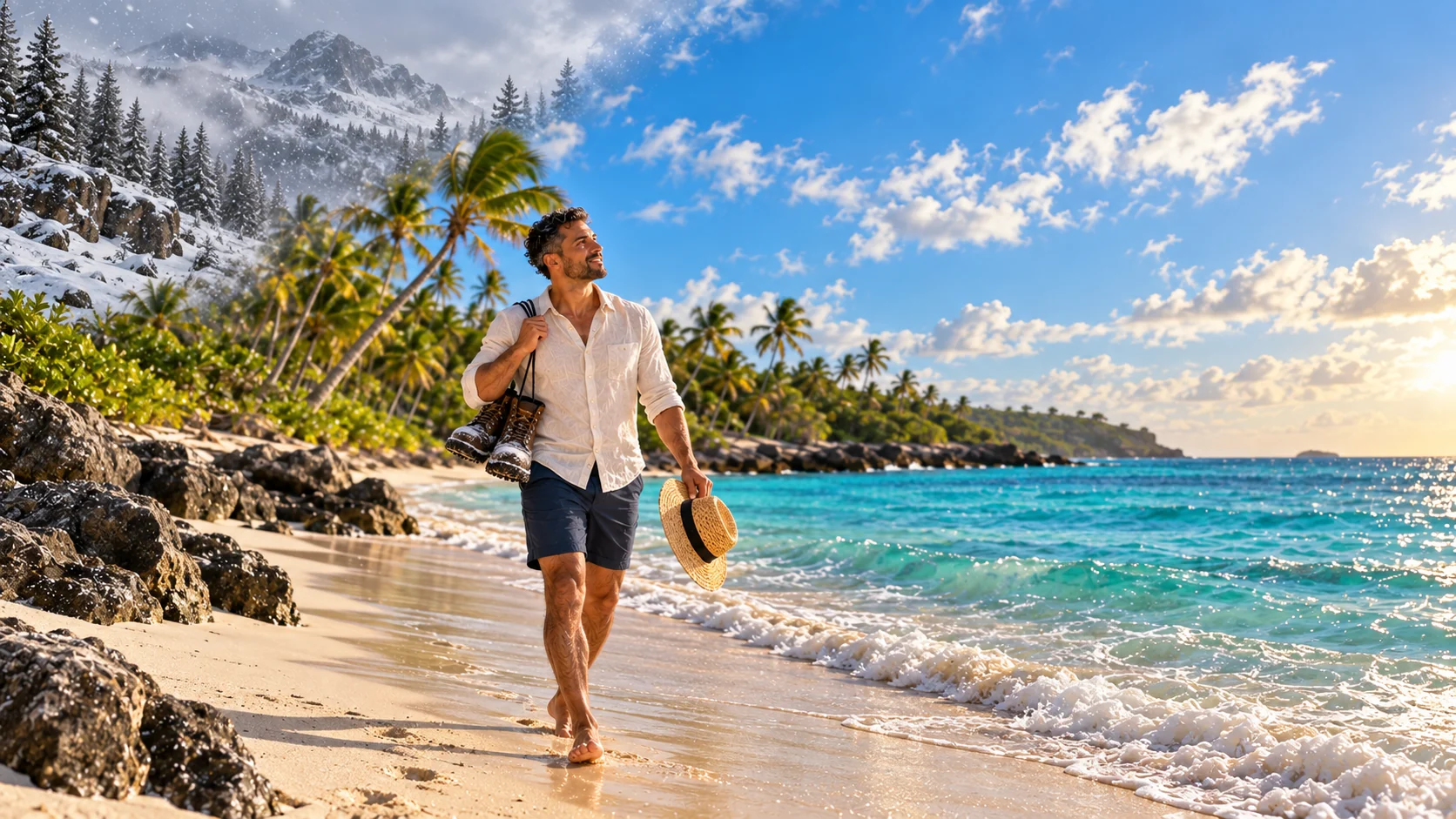 A traveler walking a sunny Caribbean beach with hiking boots slung over one shoulder and a straw hat in hand, a snowy mountain slope at the other side of the frame