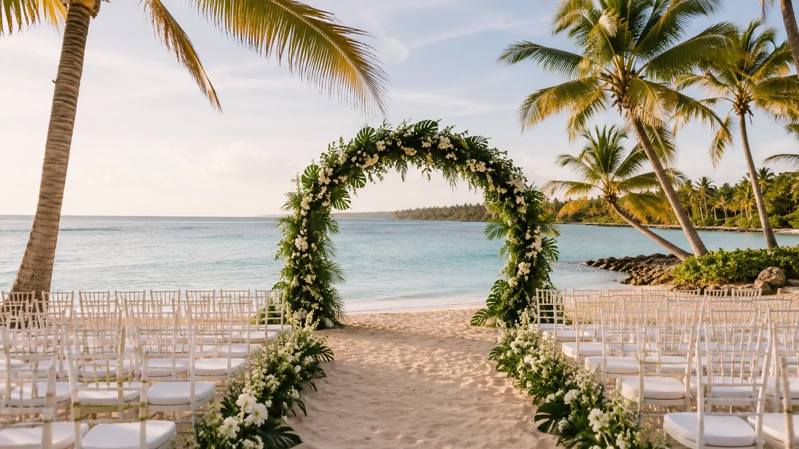 A floral ceremony arch and rows of white chairs set up on a Dominican beach at golden hour