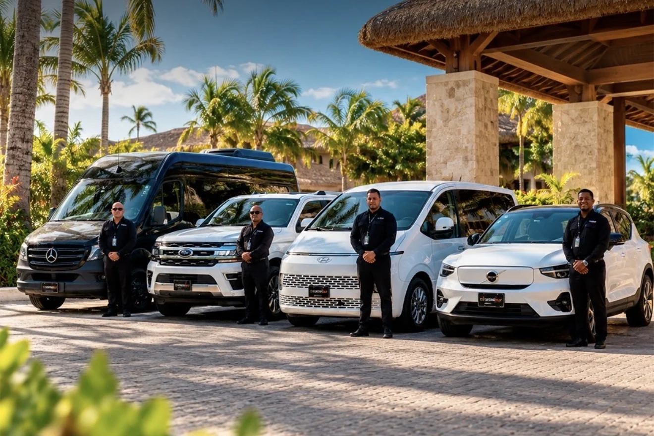 Four Transekur chauffeurs in black uniforms standing beside a black Mercedes Sprinter van, a white full-size SUV, a white Hyundai Staria minivan and a white Volvo XC40 Recharge under the thatched entrance canopy of a resort