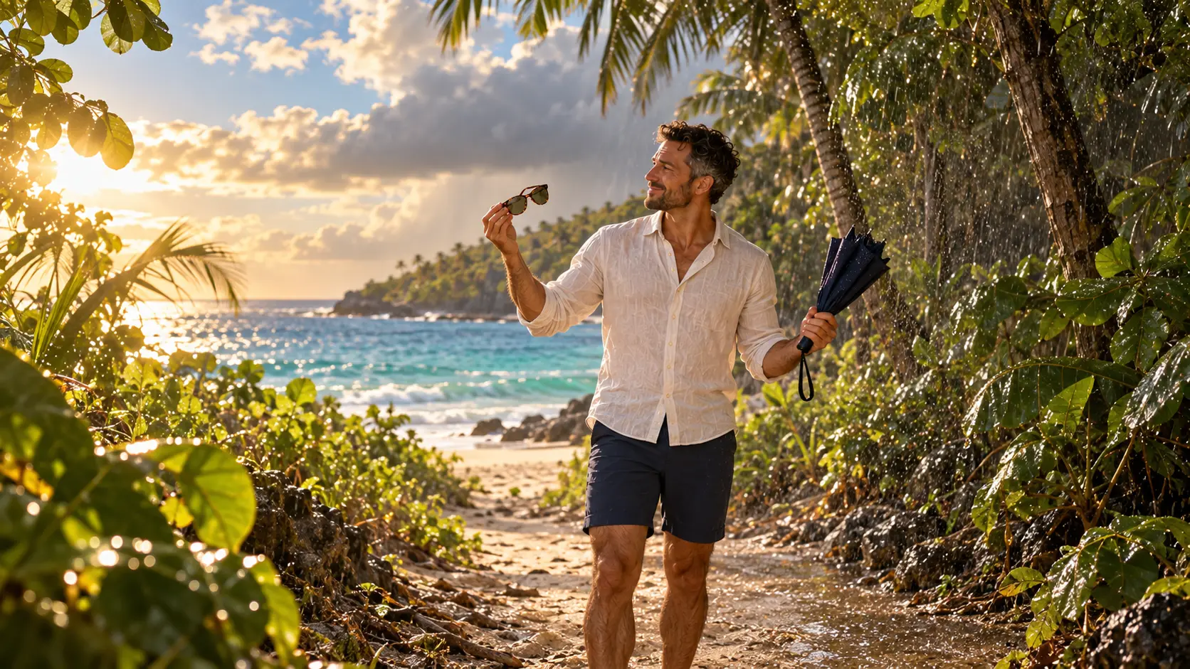 A traveler on a shaded coastal path with a folded umbrella, sunshine on one side and a short tropical shower falling through the palms on the other