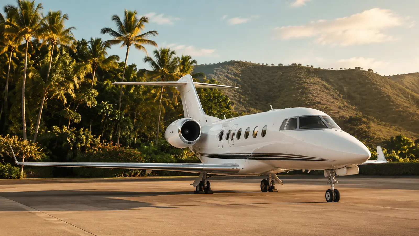 A private jet parked on a palm-lined apron at a Dominican airport in late afternoon light