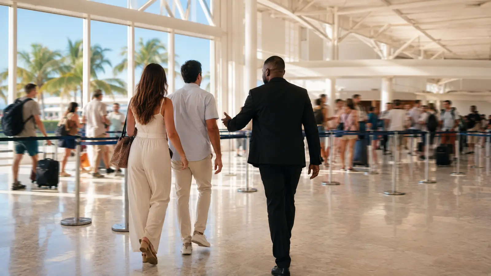 An airport escort guiding travelers through a fast track lane toward a waiting chauffeured vehicle