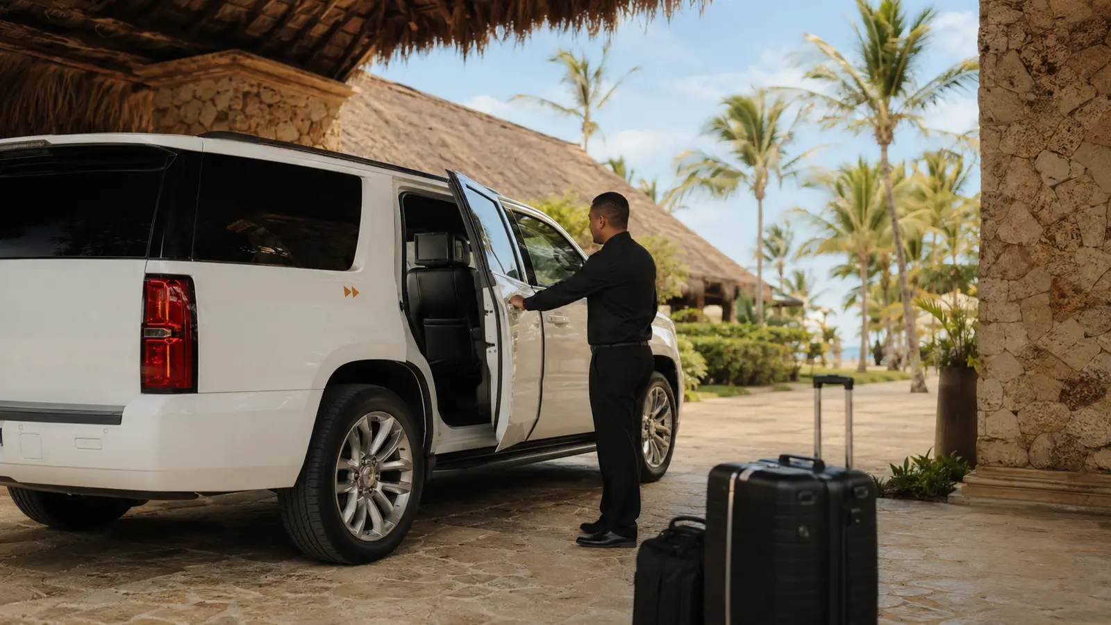 Travelers boarding a black chauffeured van at a lit resort arrival portico in Punta Cana at dusk