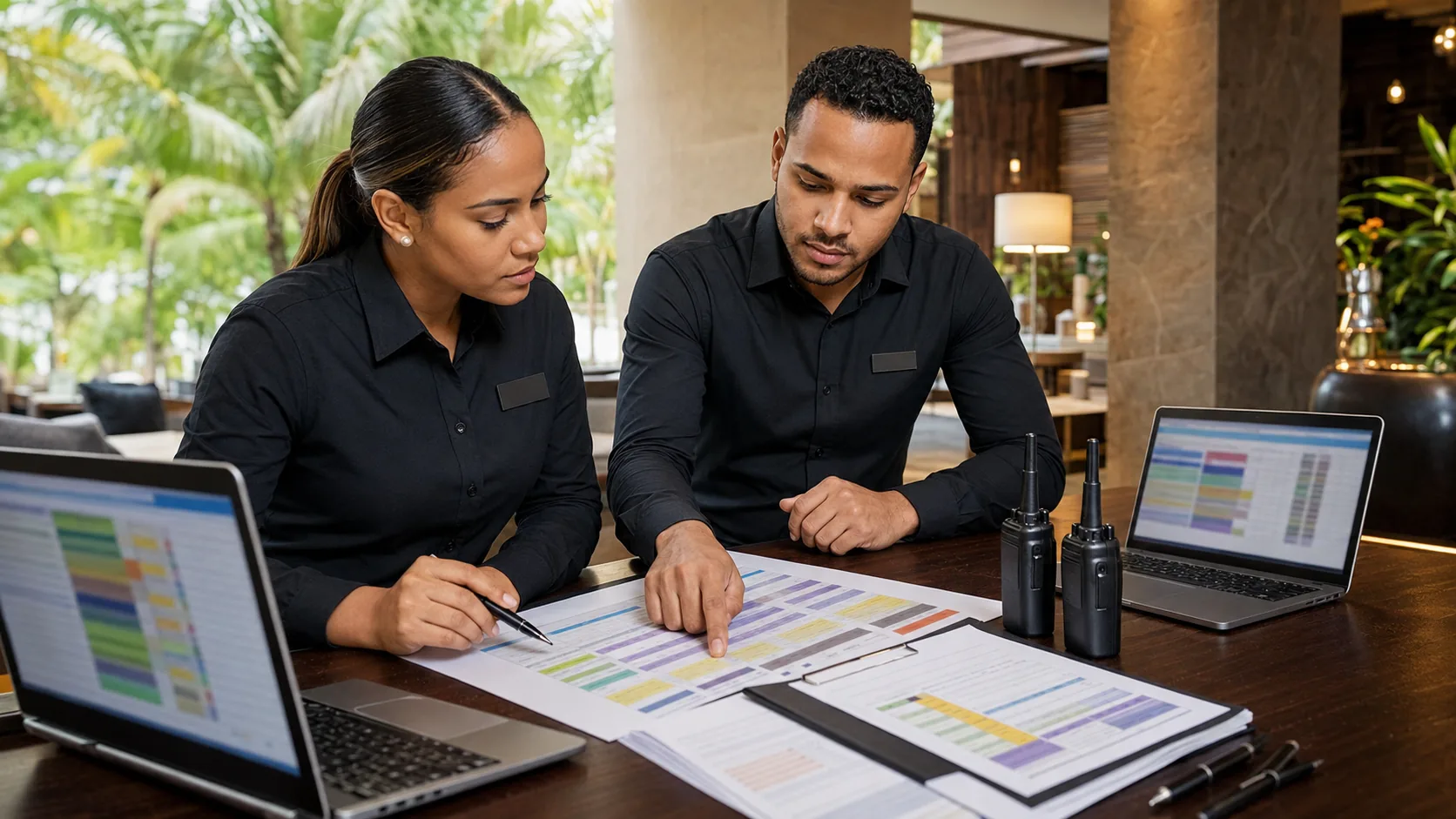 Two event coordinators reviewing printed driver manifests with laptops and two-way radios