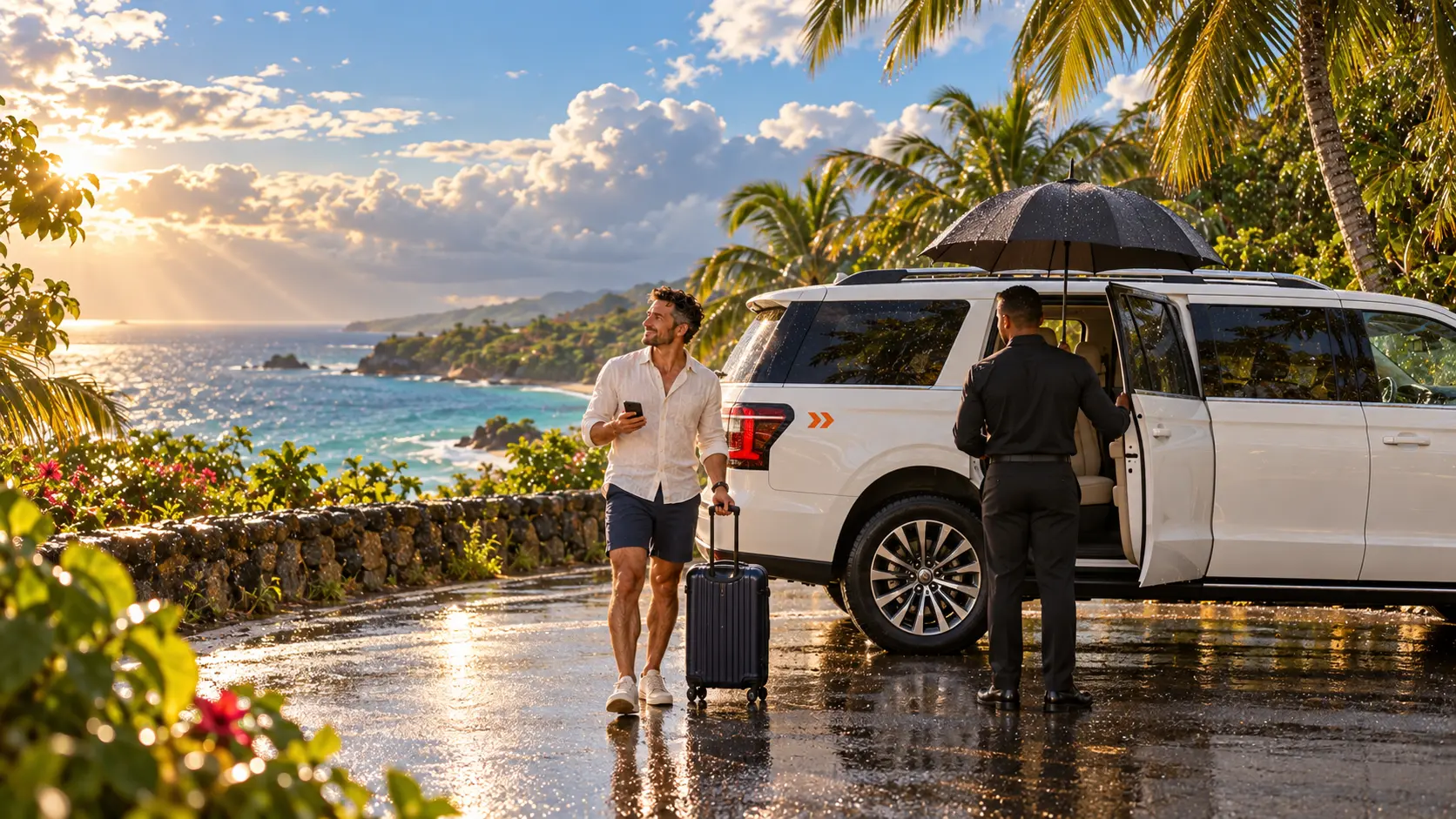 A chauffeur holding an umbrella at the open door of a white SUV on a wet coastal road, the sea and palms behind
