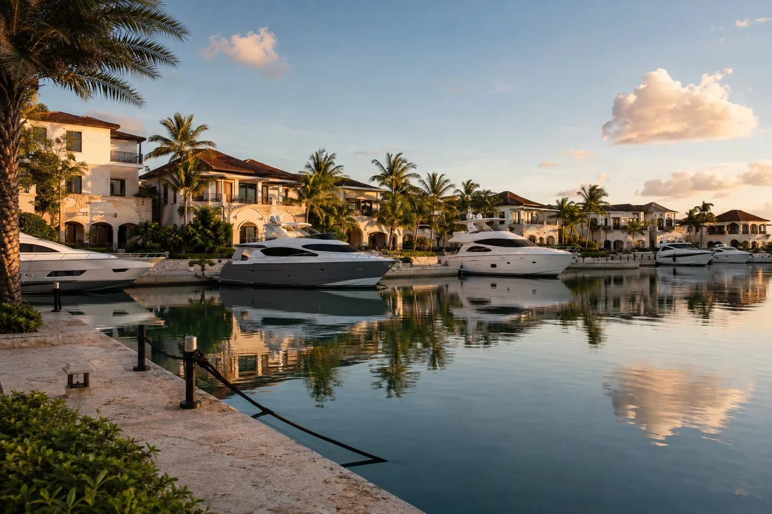 Yachts and villas at the Cap Cana marina at golden hour