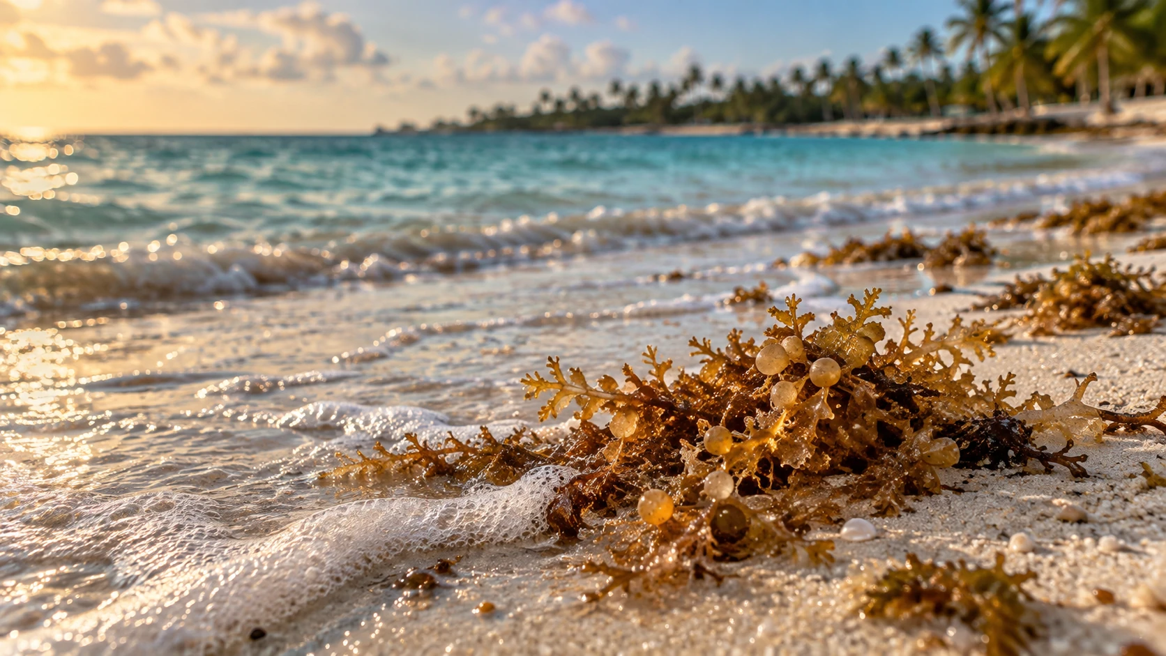 Golden-brown sargassum at the waterline on white sand, clear water beyond the seaweed line