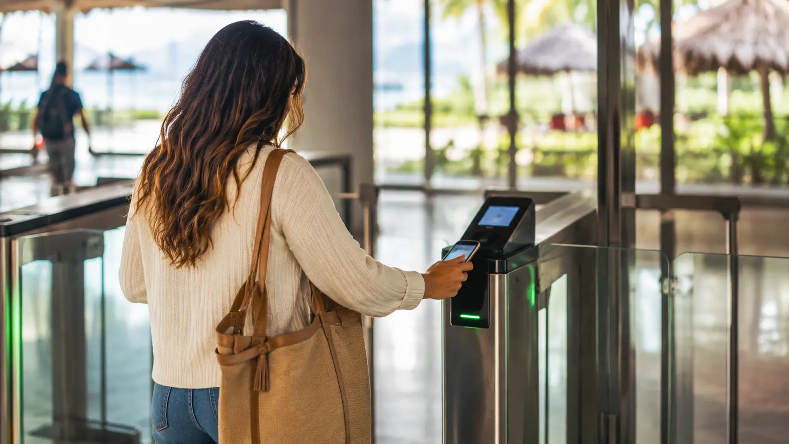 An airport officer scanning a traveler's entry QR code at a Dominican immigration desk
