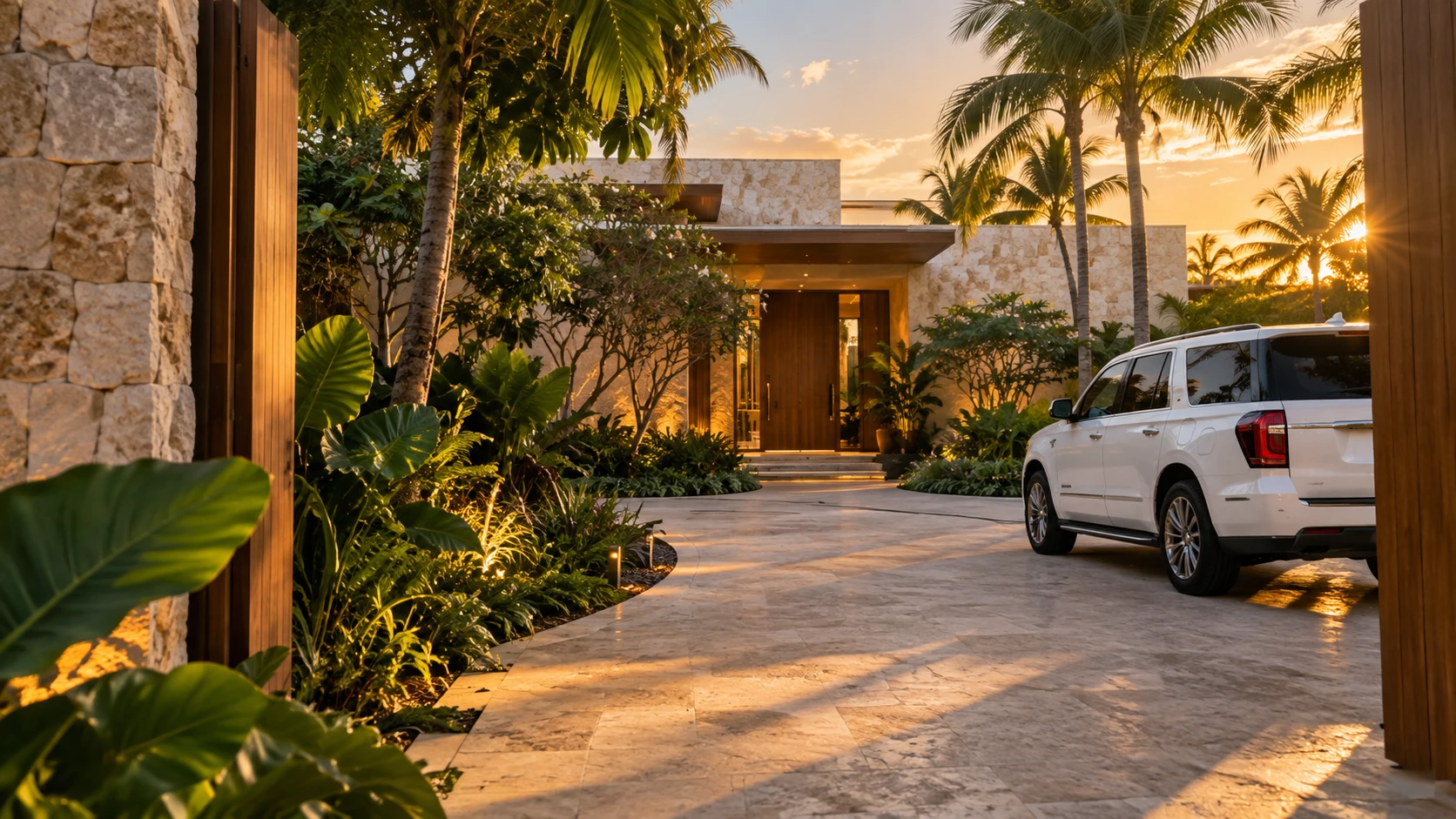 A white SUV waiting at the gated entrance of a tropical villa at golden hour