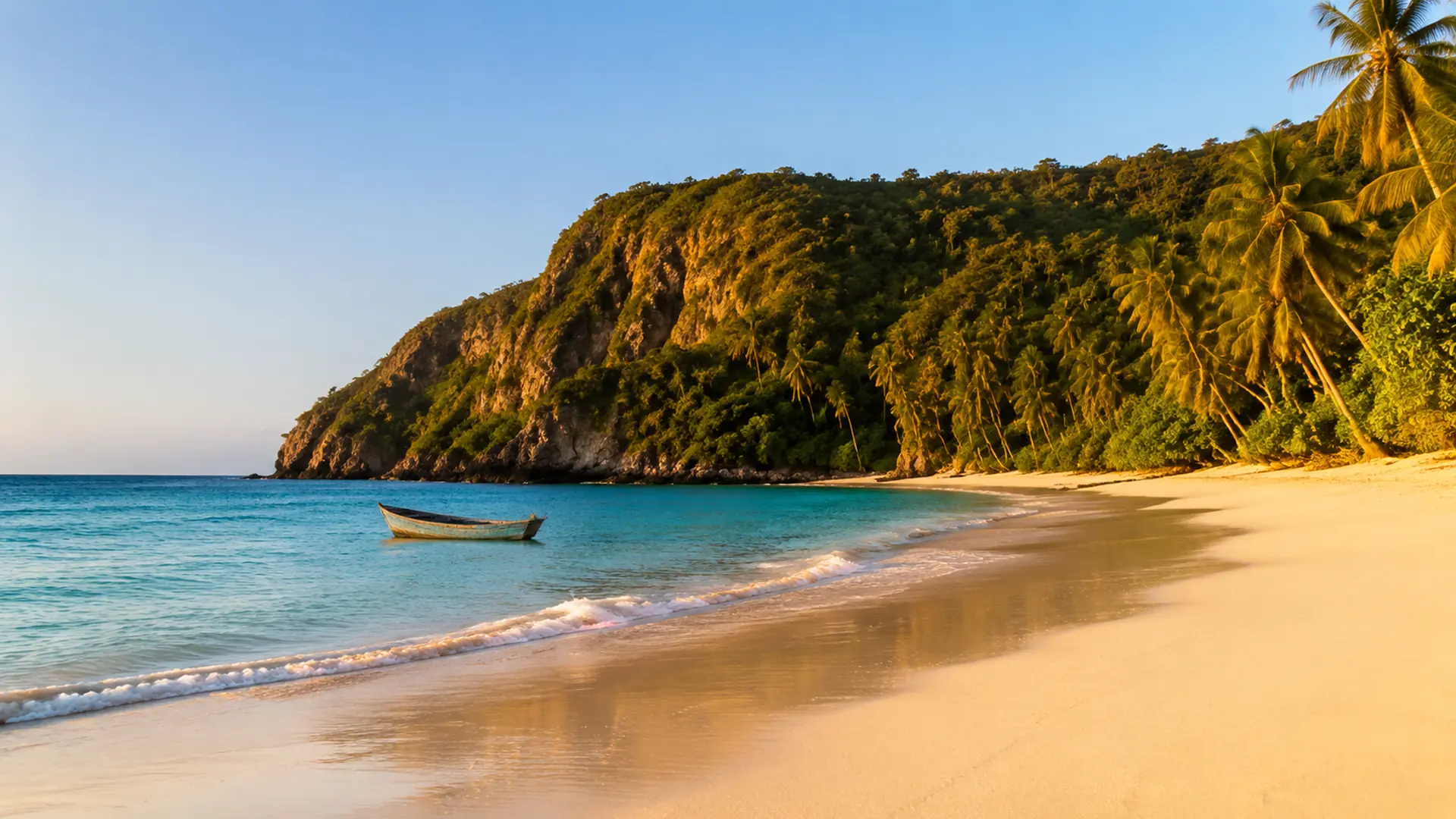 A small wooden boat in calm turquoise water off a quiet palm-backed beach at Las Galeras