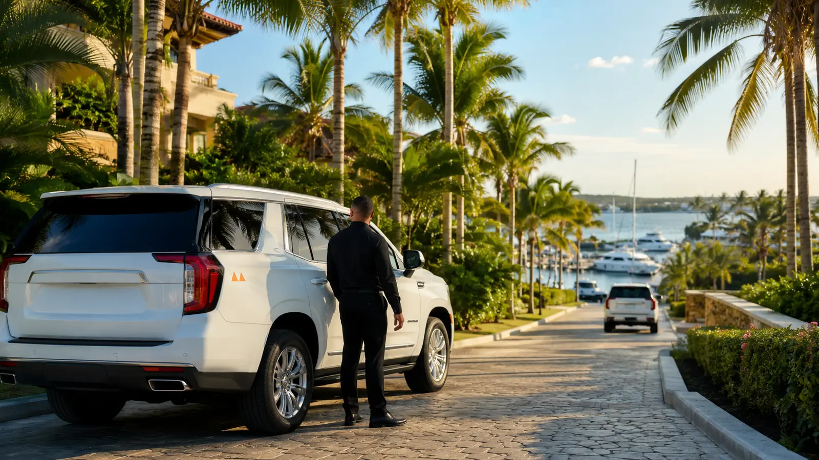 Travelers boarding a black chauffeured van at a lit resort arrival portico in the La Romana area at dusk