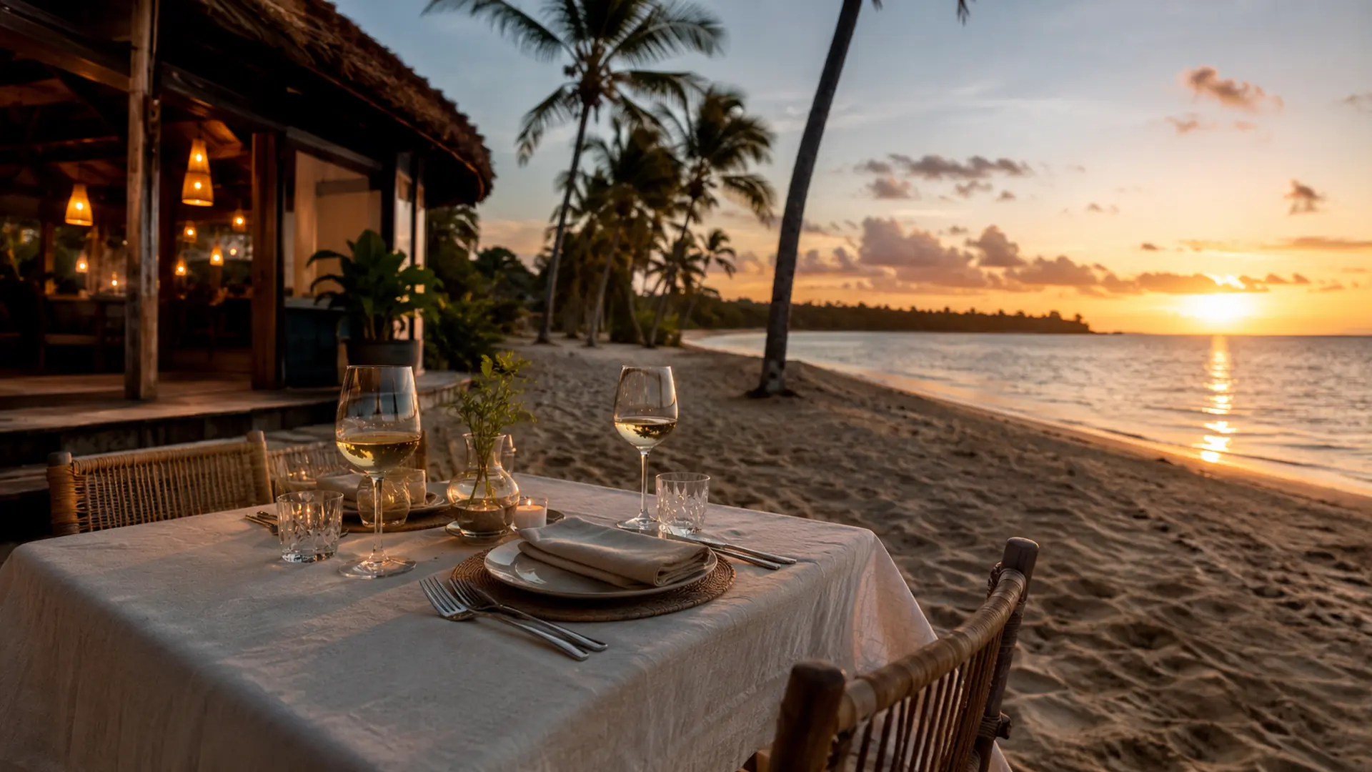 A set table at a beachfront restaurant in Las Terrenas as the sun sets over the water