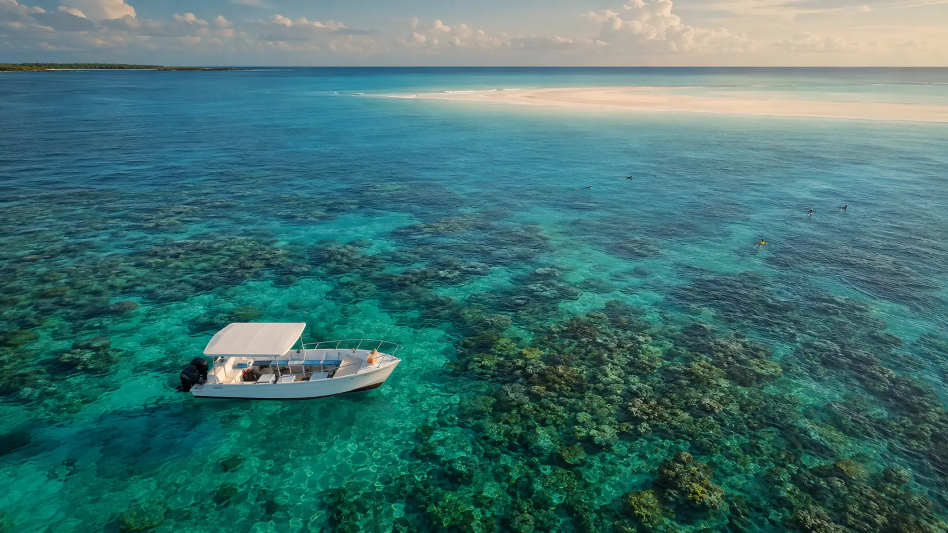 A boat anchored over the reef in turquoise water off Bayahibe