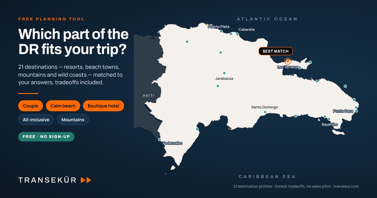 Map of the Dominican Republic with 21 destination points and a best-match highlight from the destination finder
