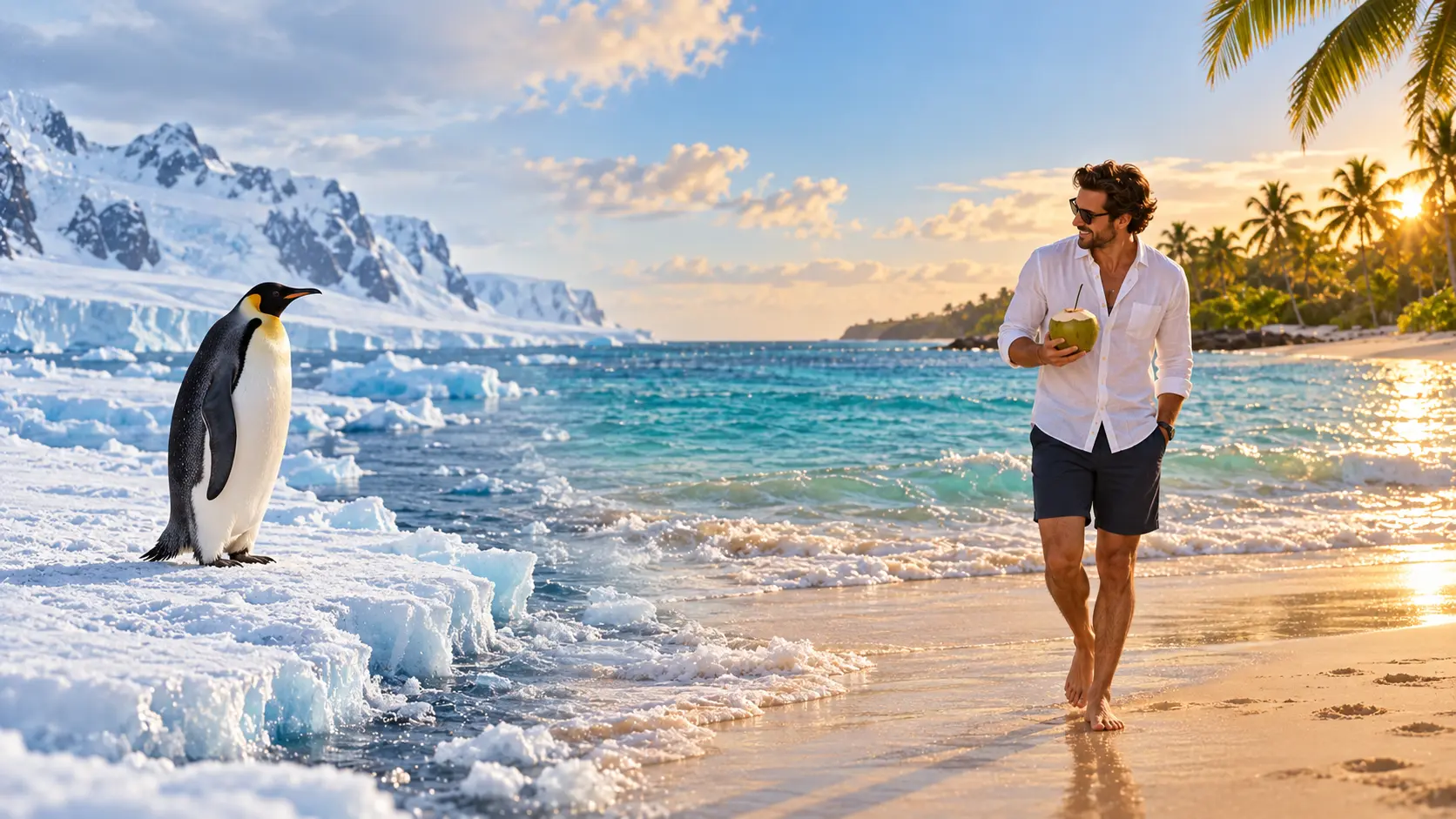 A warm Caribbean beach at sunset meeting a frozen winter shoreline in the same frame — the December contrast, side by side