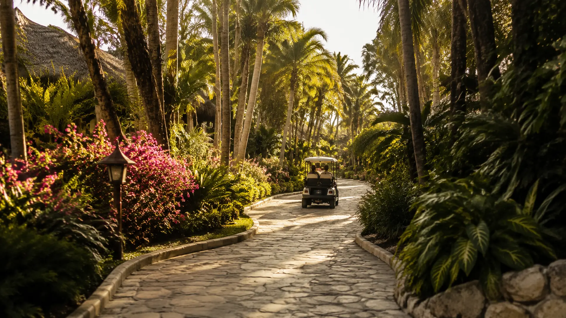 A golf cart on a stone path through tropical resort gardens in Bávaro