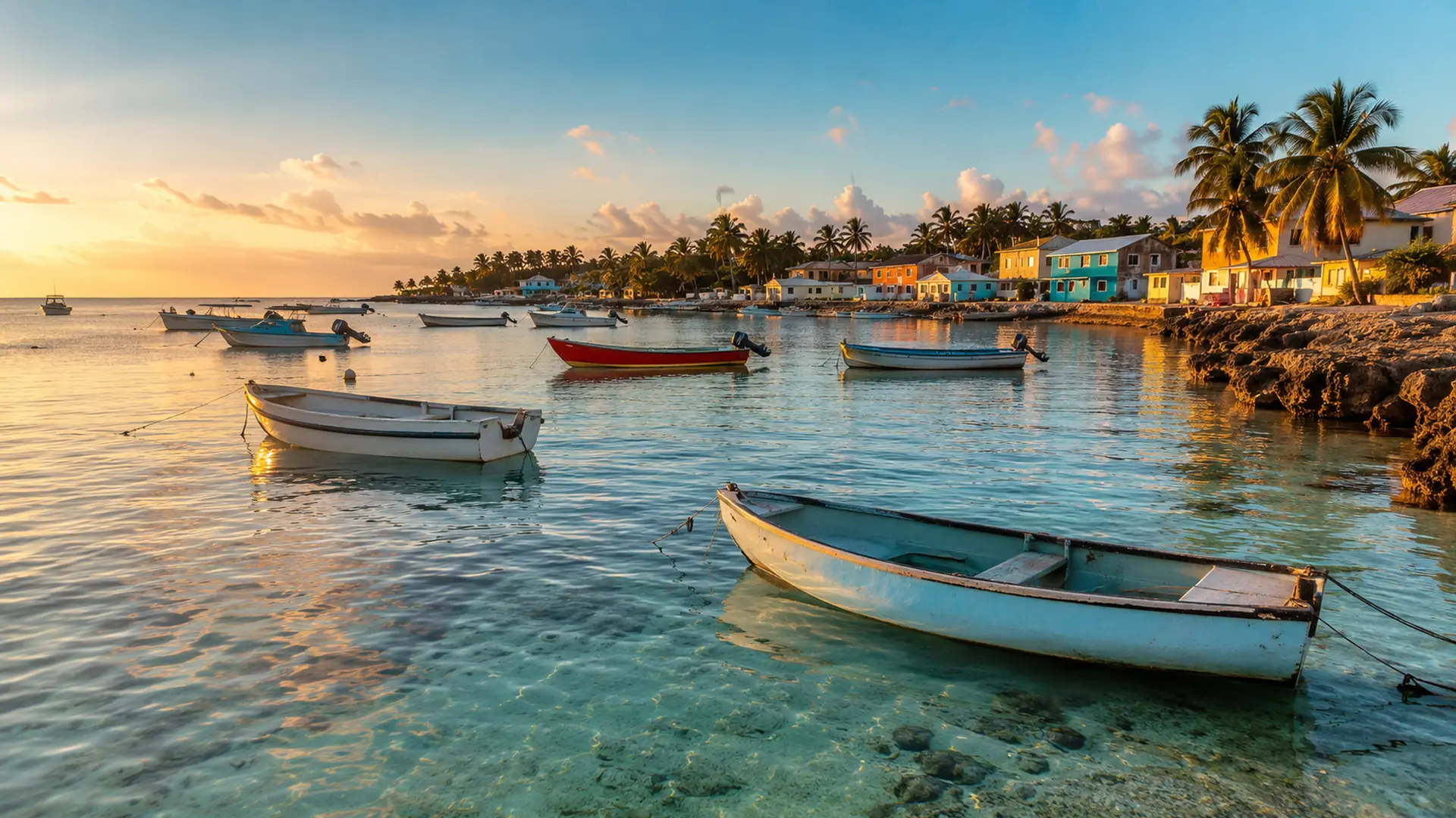 Small fishing boats moored in shallow clear water in front of Bayahibe village at sunrise