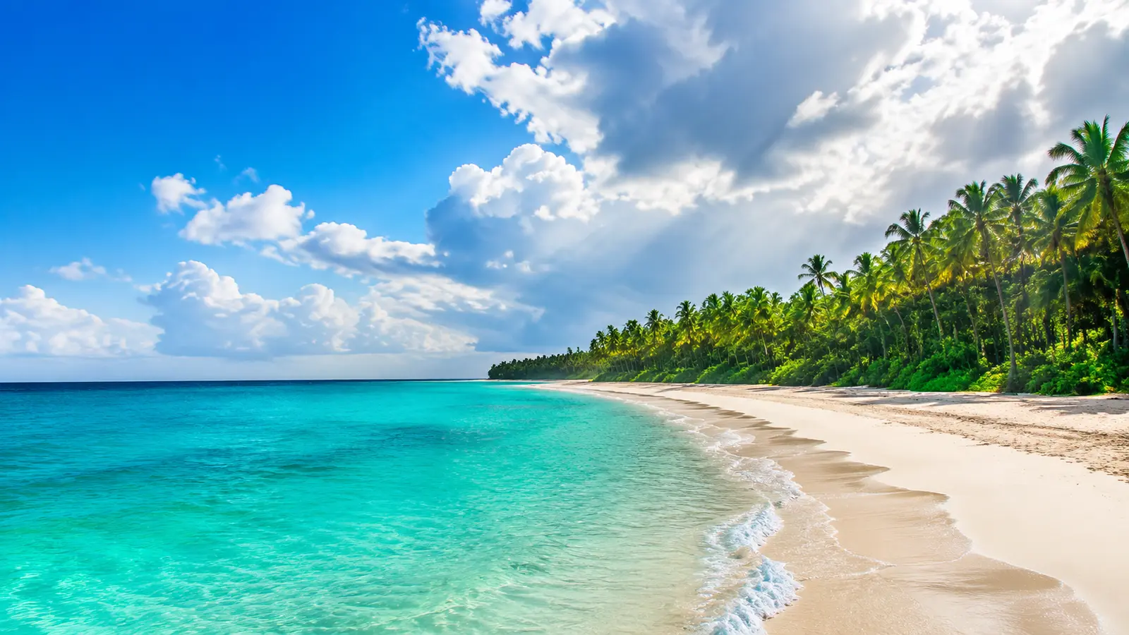 Clear turquoise water meeting a wide white sand beach backed by palms under a bright sky