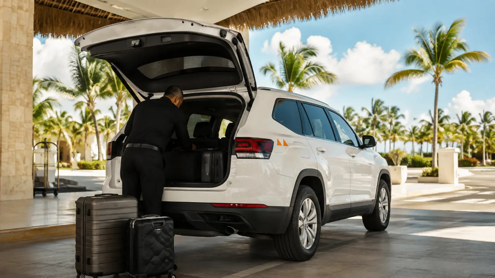 A black Chevrolet SUV parked outside an airport terminal with the rear door open for luggage