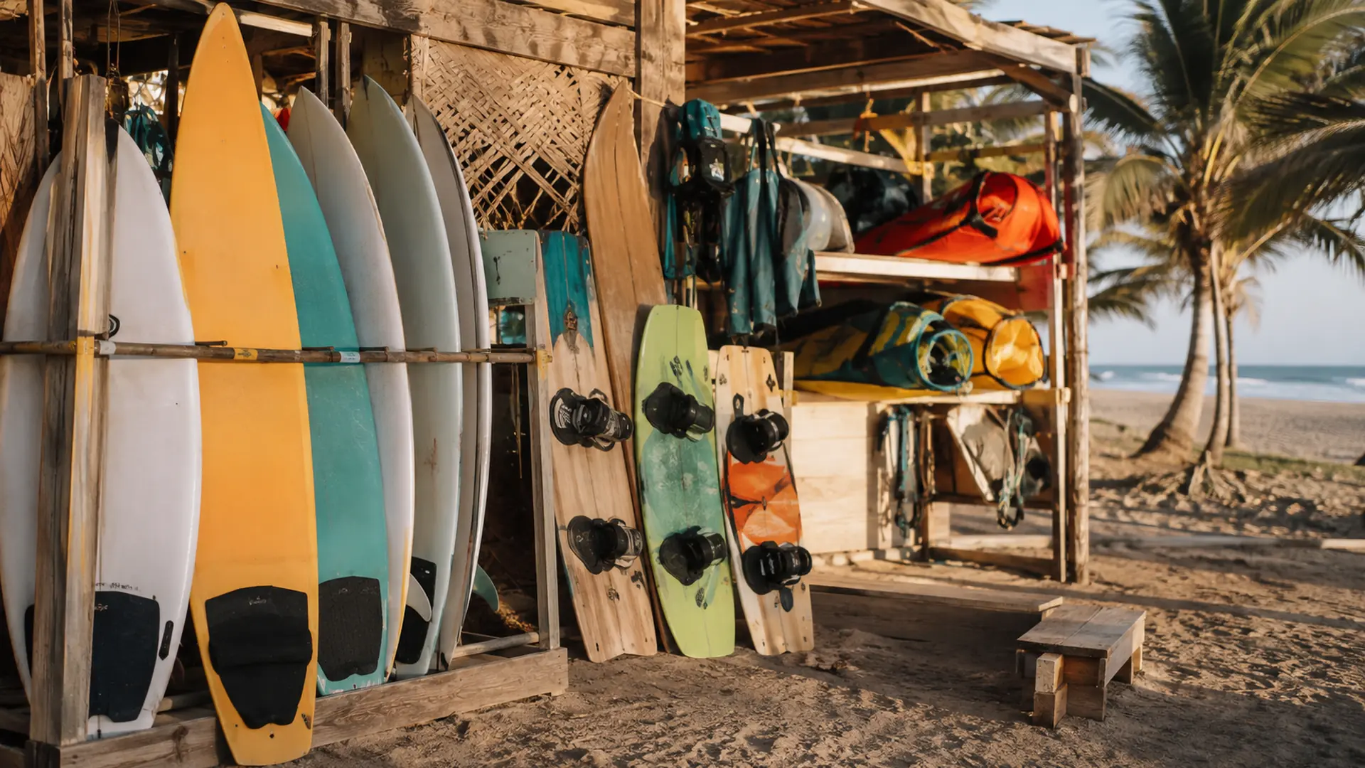 Surfboards and kiteboarding gear stacked at a wooden beach shack in Cabarete